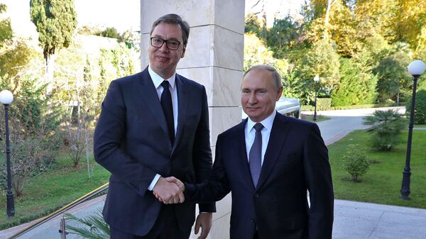 俄罗斯总统普京（右）与塞尔维亚总统武契奇 - 俄罗斯卫星通讯社