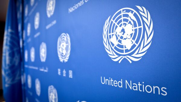 Логотип ООН в штаб-квартире Организации Объединенных Наций - 俄羅斯衛星通訊社