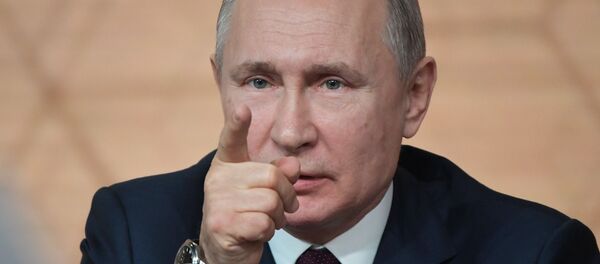 19 декабря 2019. Президент РФ Владимир Путин на большой ежегодной пресс-конференции в Центре международной торговли на Красной Пресне.  - 俄羅斯衛星通訊社