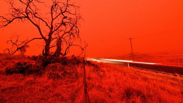 Автомобильная трасса в дыму от лесного пожара на окраине Кума, Австралия, 2020 год - 俄羅斯衛星通訊社