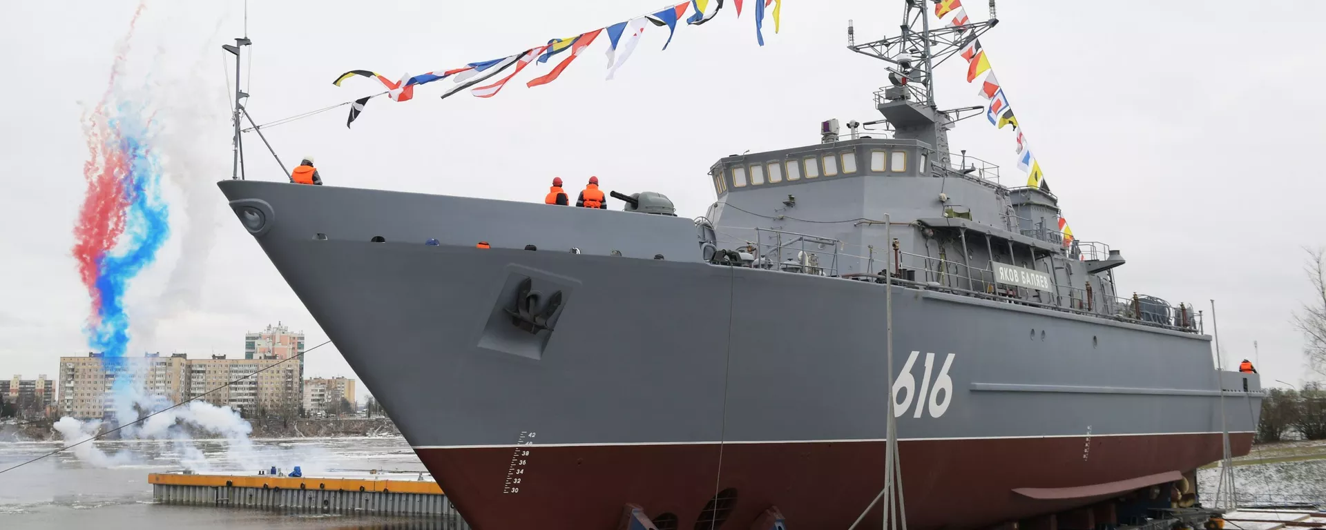 29.01.2020 Церемония спуска на воду новейшего корабля противоминной обороны нового поколения проекта 12700 Яков Баляев на Средне-Невском судостроительном заводе (СНСЗ) в Санкт-Петербурге. - 俄羅斯衛星通訊社, 1920, 26.11.2021