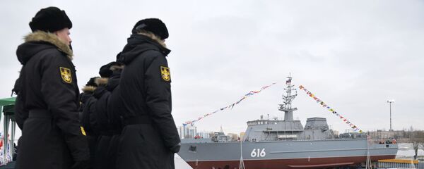 29.01.2020 Церемония спуска на воду новейшего корабля противоминной обороны нового поколения проекта 12700 Яков Баляев на Средне-Невском судостроительном заводе (СНСЗ) в Санкт-Петербурге.  - 俄罗斯卫星通讯社