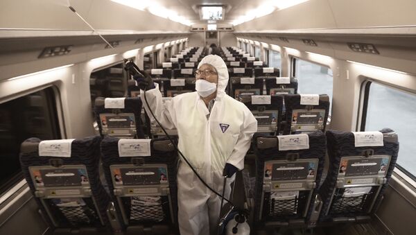 Распыление дезинфицирующих средств в поезде на станции в Сеуле в качестве меры предосторожности против нового коронавируса, Южная Корея - 俄羅斯衛星通訊社
