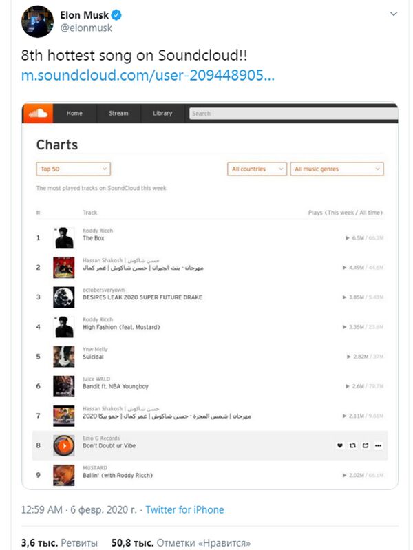 埃隆∙馬斯克的歌曲上榜最火單曲 - 俄羅斯衛星通訊社