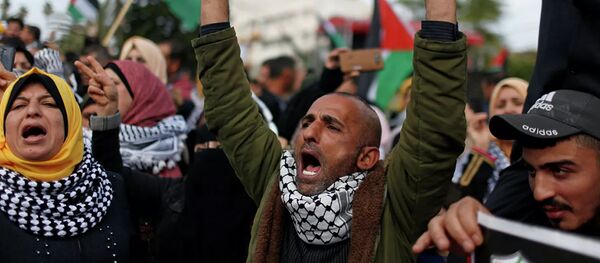 Палестинцы во время митинга в городе Газа в поддержку президента Махмуда Аббаса и против ближневосточного мирного плана президента США Дональда Трампа - 俄罗斯卫星通讯社
