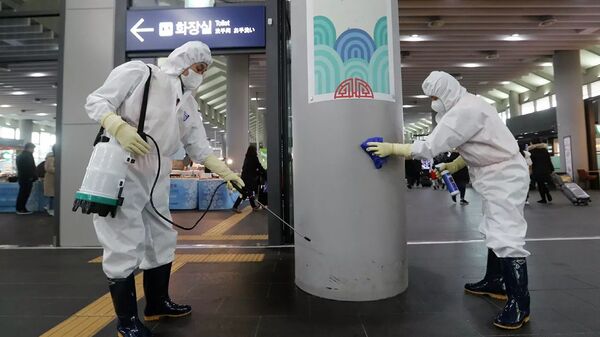 Сотрудники чистят колонну на станции Сусео в Сеуле - 俄羅斯衛星通訊社