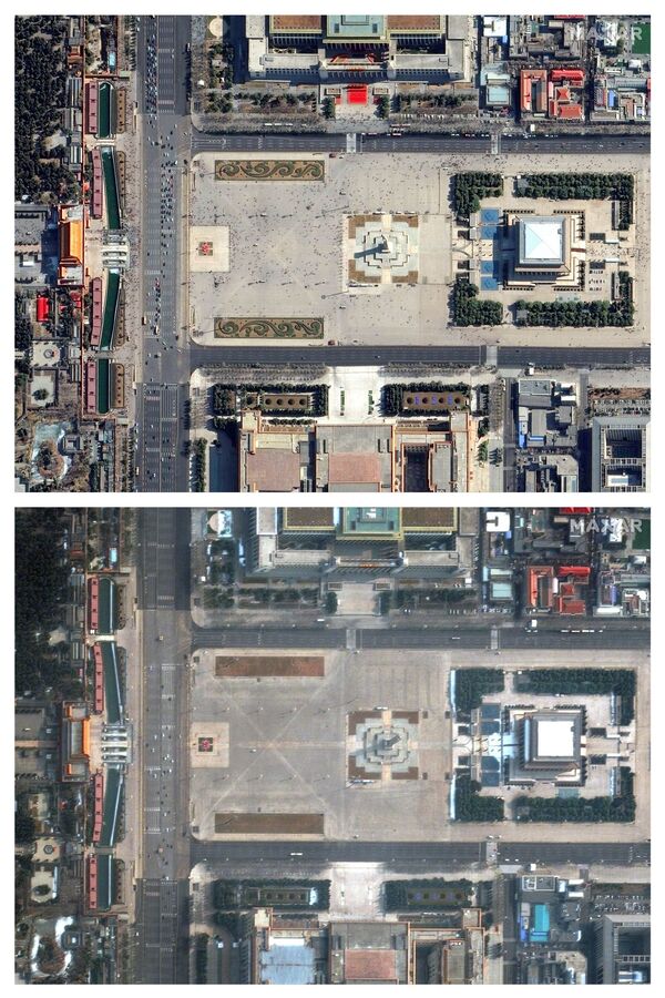 Площадь Тяньаньмэнь в Пекине до коронавируса 21 февраля 2019 года и во время коронавируса 11 февраля 2020 года - 俄羅斯衛星通訊社