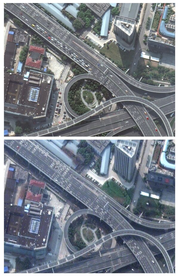 Заполненное шоссе перед коронавирусом в Ухане, Китай, 17 октября 2019 года и пустое шоссе во время коронавируса 25 февраля 2020 года - 俄羅斯衛星通訊社