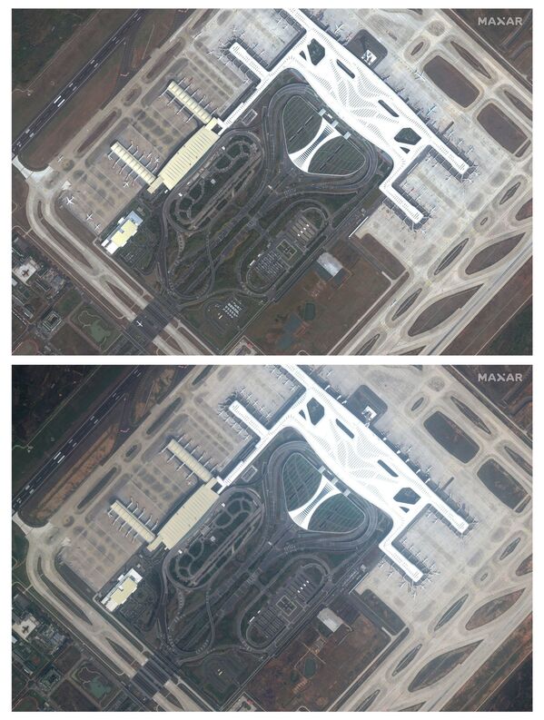 Аэропорт в Ухане до коронавируса, 17 октября 2019 года,  и тот же аэропорт во время коронавируса 25 февраля 2020 года - 俄羅斯衛星通訊社