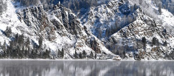 Покрытый снегом крутой таежный берег реки Енисей напротив города Дивногорска Красноярского края.  - 俄罗斯卫星通讯社