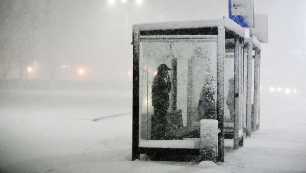 Люди на остановке общественного транспорта во время снегопада в Подольске - 俄羅斯衛星通訊社