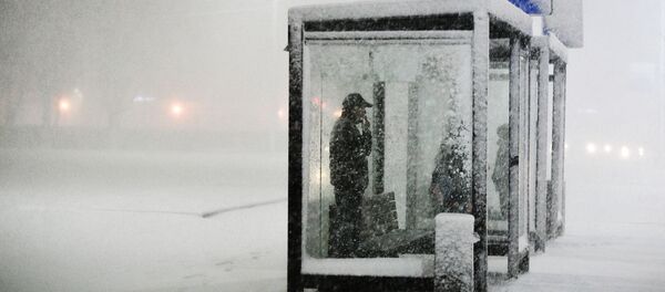 Люди на остановке общественного транспорта во время снегопада в Подольске Люди на остановке общественного транспорта во время снегопада в Подольске - 俄罗斯卫星通讯社