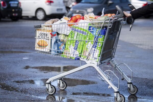 德國超市裡推著滿滿一購物車食品的顧客。 - 俄羅斯衛星通訊社