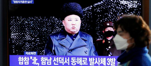 Лидер КНДР Ким Чен Ын на экране телевизора - 俄羅斯衛星通訊社