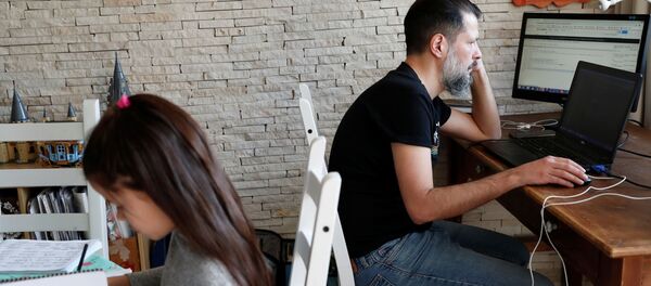 ИТ-специалист Чаба Поста во время удаленной работы из дома в в Будапеште, Венгрия - 俄羅斯衛星通訊社