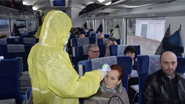 Украинский медработник проверяет температуру женщины, прибывшей из Польши на Украину  - 俄羅斯衛星通訊社
