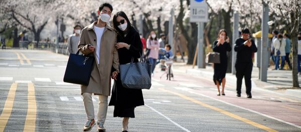 Пара в медицинских масках на фоне цветущей Сакуры на одной из улиц Сеула, Южная Корея - 俄罗斯卫星通讯社