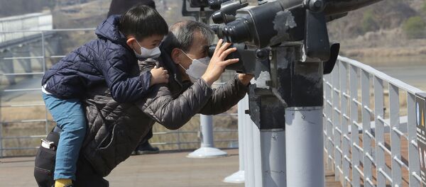 Дедушка с внуком в медицинских масках смотрят в бинокль в городе Паджу на границе с Северной Кореей - 俄罗斯卫星通讯社