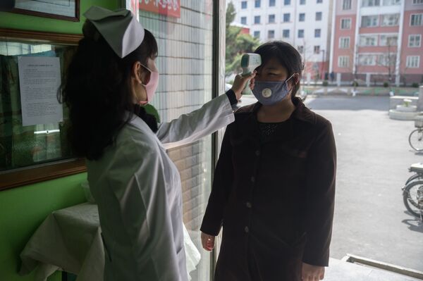 Медицинский работник измеряет температуру посетительнице в медицинской маске на входе в больницу в Пхеньяне, Северная Корея - 俄羅斯衛星通訊社