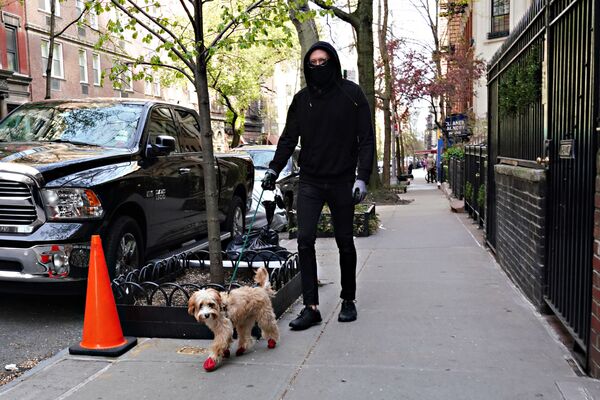 Мужчина в маске с собакой в Нью-Йорке  - 俄罗斯卫星通讯社