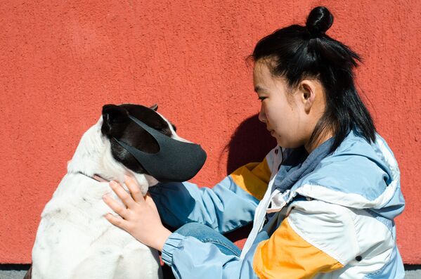 Девушка с собакой в маске во время пандемии коронавируса  - 俄罗斯卫星通讯社