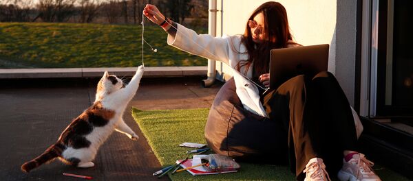 Девушка играет с кошкой на пороге своего дома в бельгийской деревне - 俄罗斯卫星通讯社