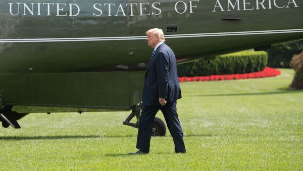 Президент США Дональд Трамп на фоне вертолета, который должен доставить его в загородную резиденцию в Кэмп-Дэвиде - 俄羅斯衛星通訊社