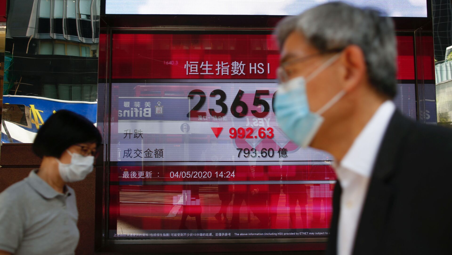 A panel displays the Hang Seng Index during afternoon trading, in Hong Kong, China May 4, 2020.  - 俄羅斯衛星通訊社, 1920, 29.09.2021