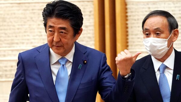  Премьер-министр Японии Синдзо Абэ с генеральным секретарем Кабинета министров Японии Есихидэ Суга во время встречи в Токио  - 俄罗斯卫星通讯社