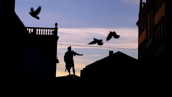 Голуби летают над ратушной площадью незадолго до восхода солнца в Аугсбурге, Германия - 俄羅斯衛星通訊社