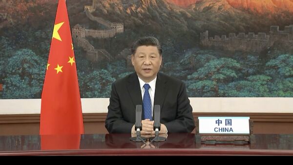 This video grab taken on May 18, 2020 from the website of the World Health Organization shows Chinese President Xi Jinping delivering a speech via video link at the opening of the World Health Assembly virtual meeting from the WHO headquarters in Geneva - 俄羅斯衛星通訊社