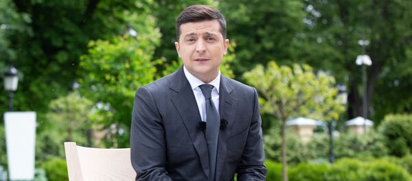 Президент Украины Владимир Зеленский во время пресс-конференции, посвященной первой годовщине пребывания на посту - 俄罗斯卫星通讯社