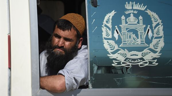Талиб смотрит из автобуса во время после освобождения из тюрьмы Баграм, Афганистан - 俄羅斯衛星通訊社