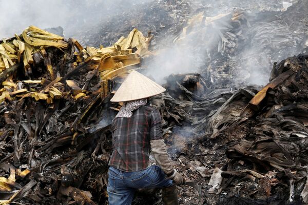 Женщина собирает вторсырье на мусорной свалке возле рисового поля в провинции Виньфук, Вьетнам - 俄罗斯卫星通讯社