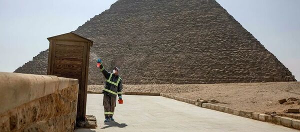 Рабочий во время дезинфекции комплекса пирамид в Гизе - 俄罗斯卫星通讯社